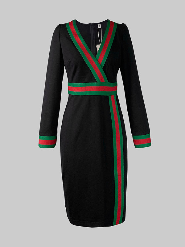 Olivia Bennet | Long Sleeves Striped Deep V-Neck Mini Dresses