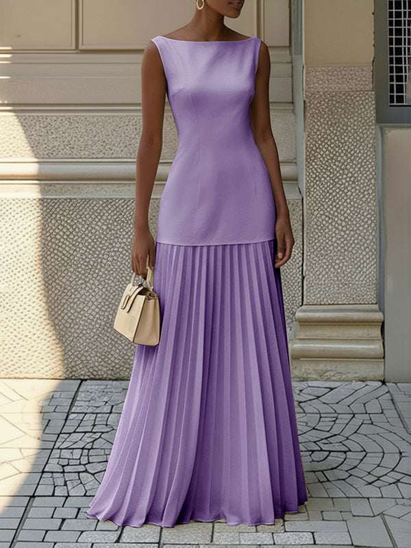 Olivia Bennet | Sleeveless Gauze Pleated Solid Color Split-Joint Boat Neck Evening Dresses Maxi Dresses