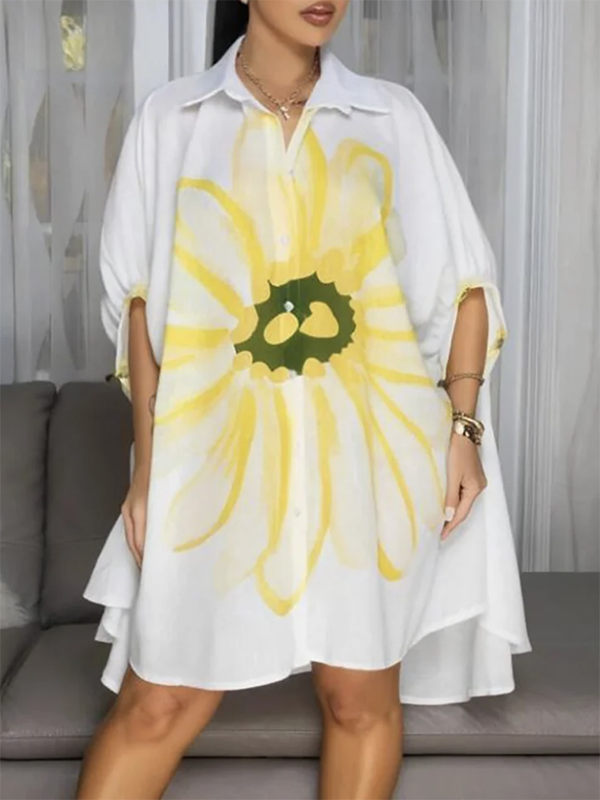 Olivia Bennet | Half Sleeves Loose Buttoned Flower Print Lapel Mini Dresses Shirt Dress