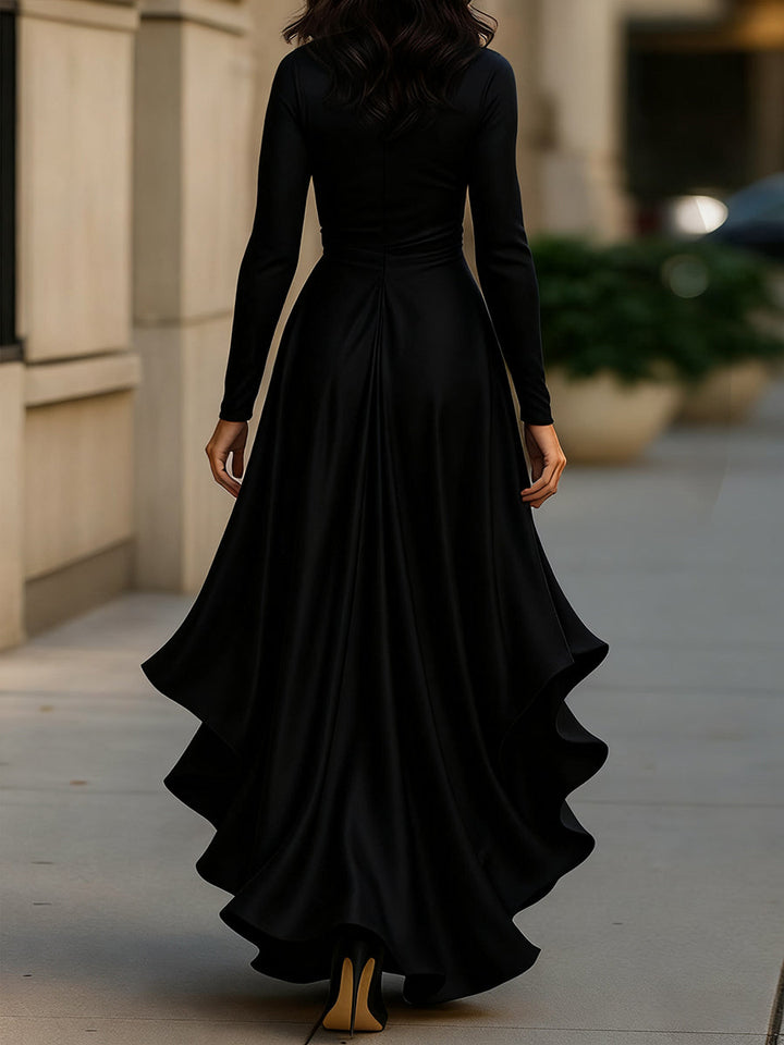 Olivia Bennet | Midnight Blue Draped Satin Maxi Dress With Ruffle Details
