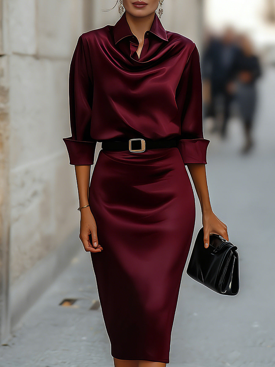 Olivia Bennet | Elegant Satin Draped-Collar Midi Dress With Black Belt