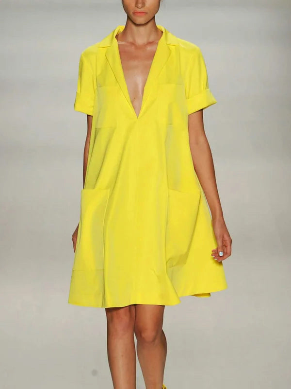Olivia Bennet | Loose Short Sleeves Pockets Solid Color Notched Collar Mini Dresses