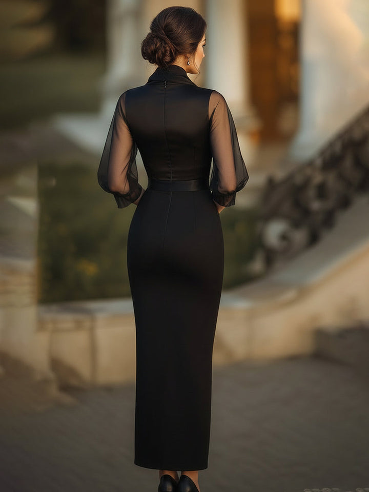 Olivia Bennet | Sheer-Drape Waist-Tie Evening Dress