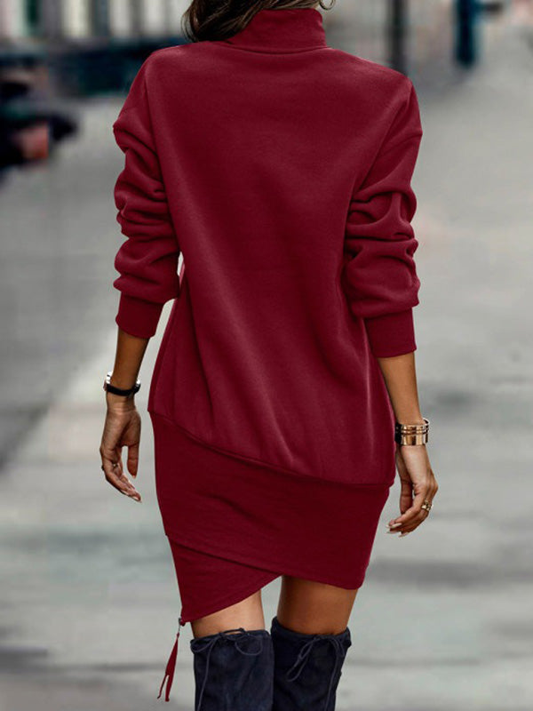 Olivia Bennet | Casual Long Sleeves Solid Color High-Neck Mini Dresses