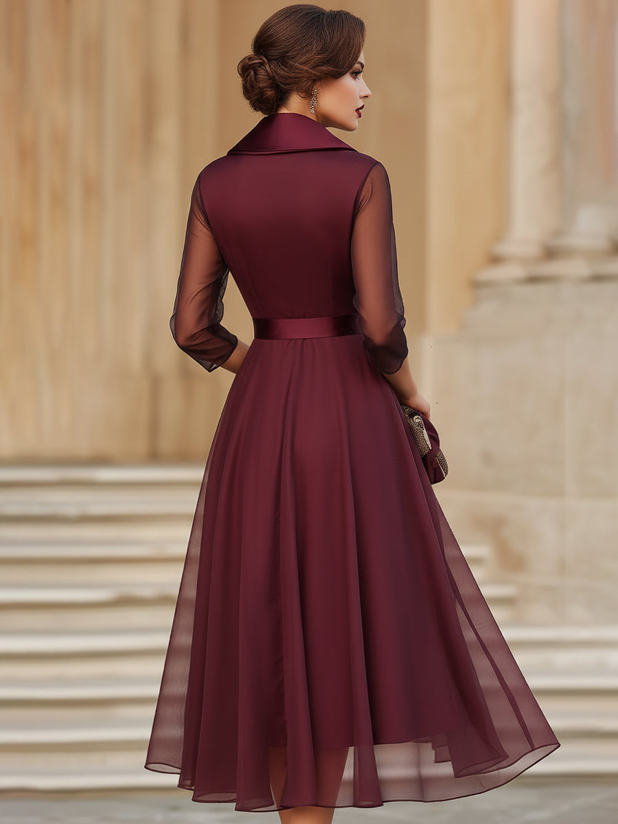 Olivia Bennet | Elegant Wrap Midi Dress With Sheer Sleeves