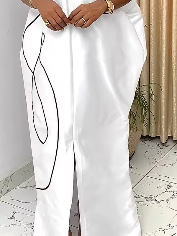 Olivia Bennet | Half Sleeves Loose Elasticity Printed Split-Front Stand Collar Maxi Dresses
