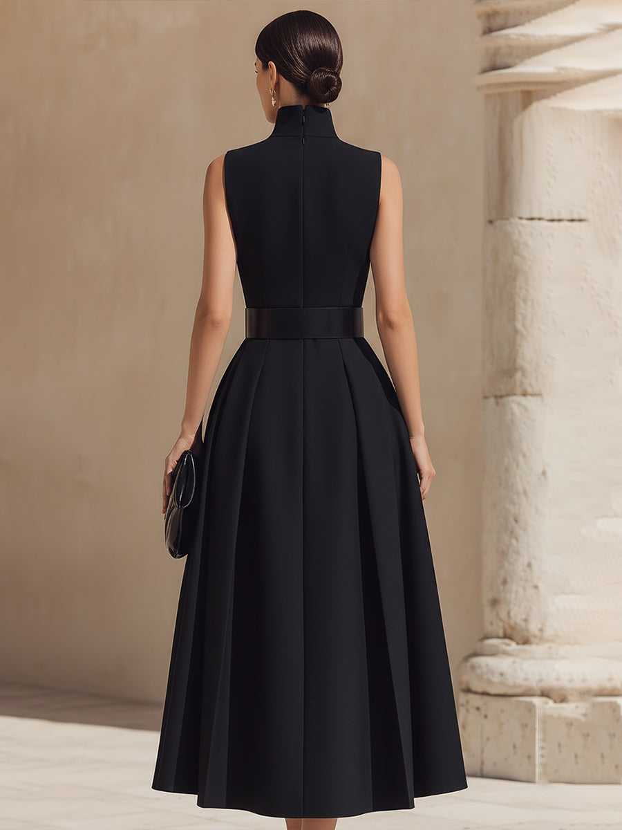 Olivia Bennet | Belted High-Neck Pleated Maxi Dress