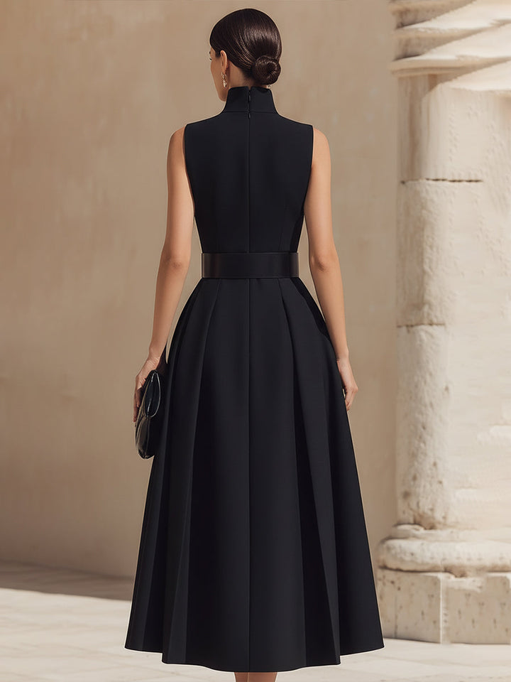 Olivia Bennet | Belted High-Neck Pleated Maxi Dress