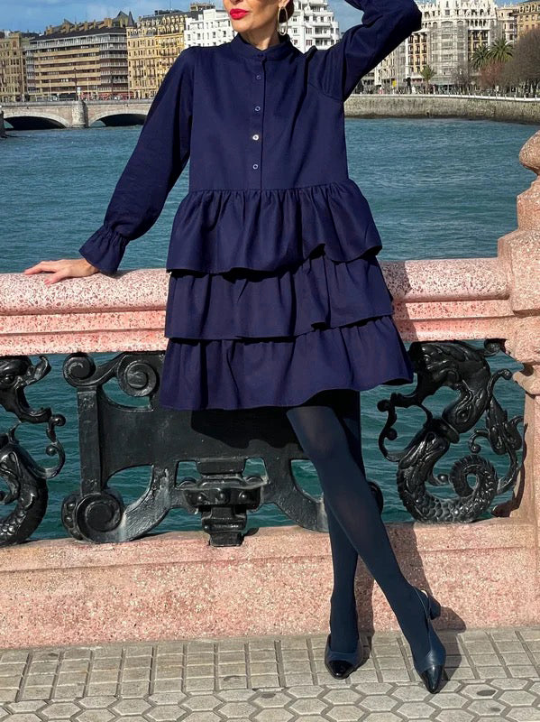 Olivia Bennet | Flared Sleeves Long Sleeves Buttoned Elasticity Layered Solid Color V-Neck Mini Dresses