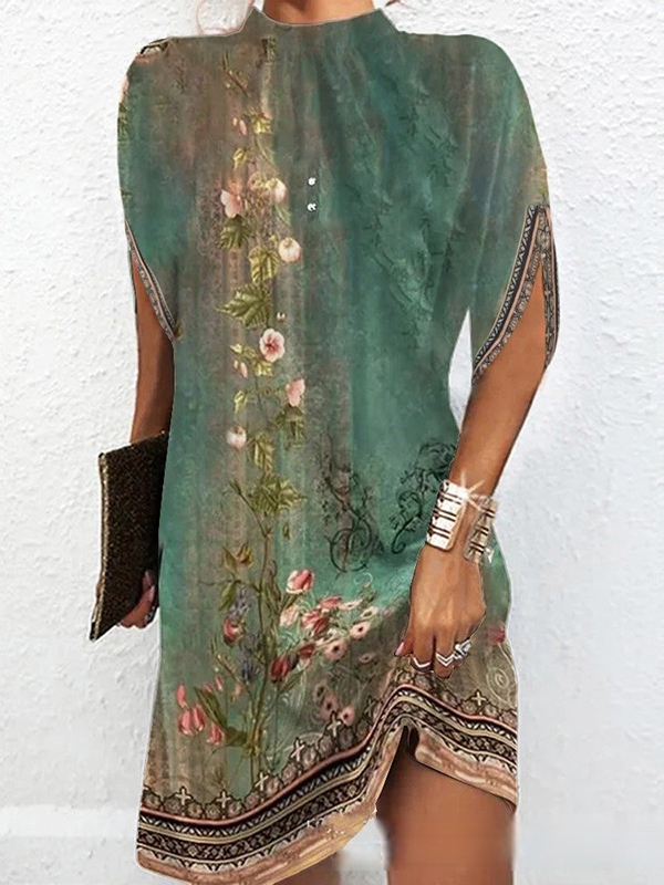 Olivia Bennet | Batwing Sleeves Loose Flower Print Round-Neck Mini Dresses