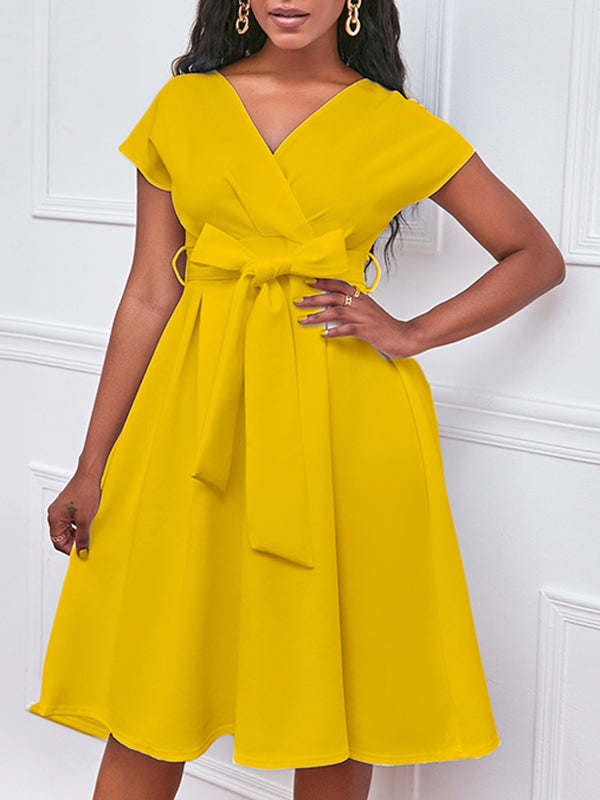 Olivia Bennet | Bowknot Lace-Up Solid Color V-Neck Midi Dresses