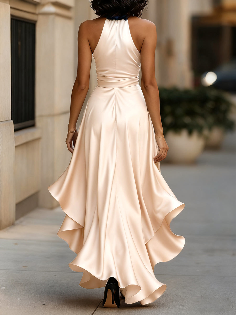 Olivia Bennet | Midnight Elegance Satin Halter Ruffle Gown