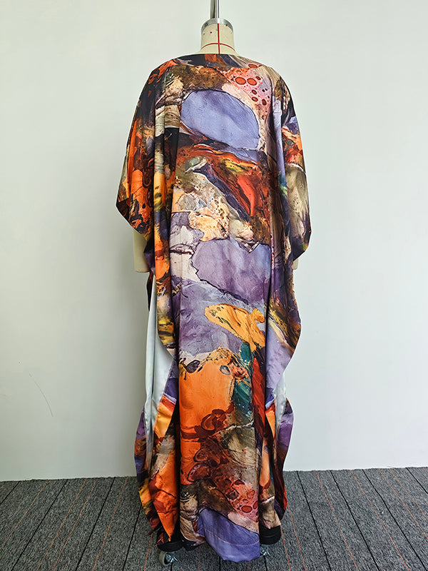 Olivia Bennet | Batwing Sleeves Loose Gauze Printed Split-Joint V-Neck Maxi Dresses