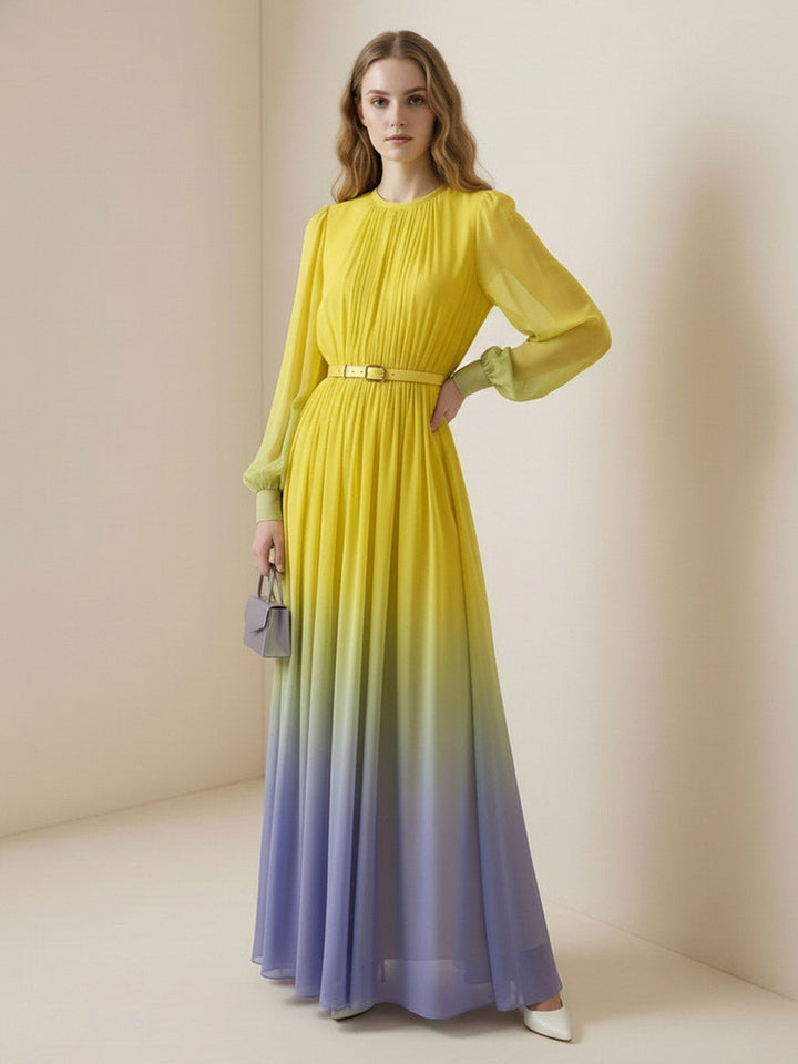 Olivia Bennet | High Waisted Long Sleeves Belted Contrast Color Gradient Pleated Split-Joint Round-Neck Maxi Dresses