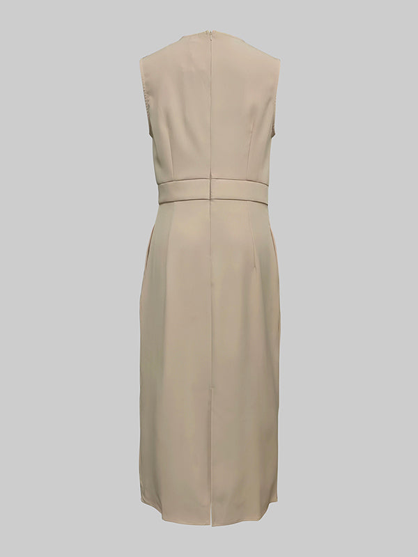 Olivia Bennet | High Waisted Loose Pleated Solid Color Round-Neck Midi Dresses