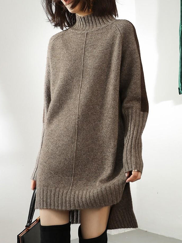 Olivia Bennet | Loose Long Sleeves Contrast Color Half Turtleneck Sweater Dresses