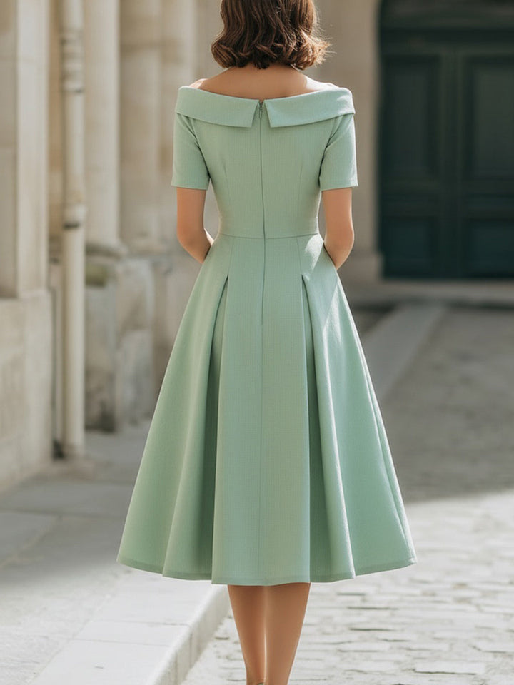 Olivia Bennet | Mint Green Off-Shoulder Short Sleeve Fit-and-Flare Midi Dress With Pockets