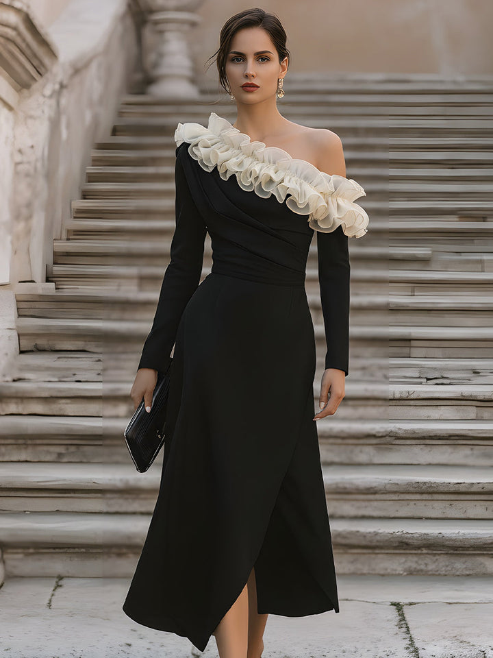 Olivia Bennet | Ivory Asymmetric Ruffled Off-Shoulder Chiffon Midi Dress