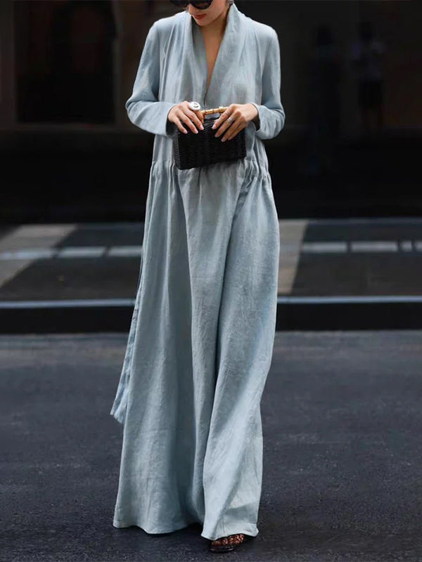 Olivia Bennet | Long Sleeves Loose Elasticity Solid Color V-Neck Maxi Dresses