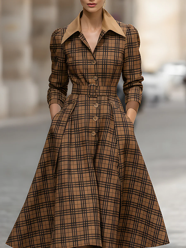 Olivia Bennet | High Waisted Three-Quarter Sleeves Belted Buttoned Plaid Pleated Pockets Lapel Midi Dresses