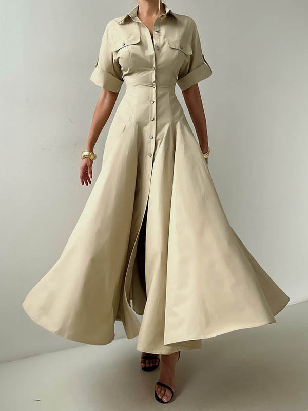 Olivia Bennet | Short Sleeves Buttoned Solid Color Lapel Maxi Dresses Shirt Dress