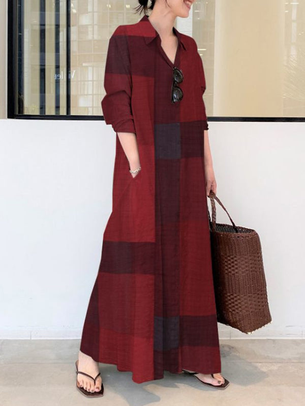 Olivia Bennet | Long Sleeves Loose Plaid Pockets Lapel Maxi Dresses Shirt Dress