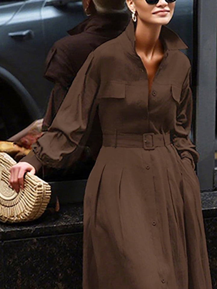 Olivia Bennet | Loose Puff Sleeves Pleated Solid Color Split-Joint Lapel Maxi Dresses Shirt Dress