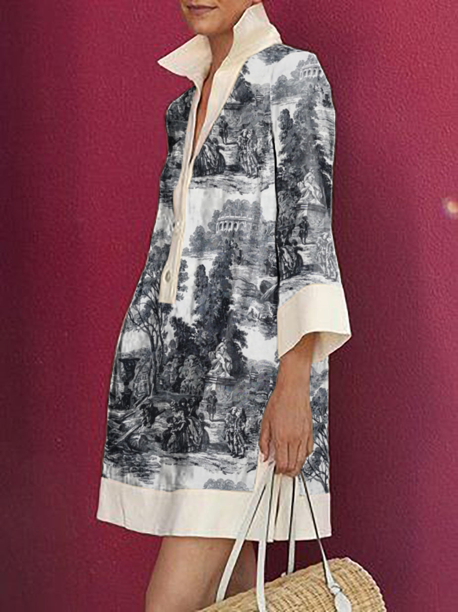 Olivia Bennet | Long Sleeves Loose Printed Lapel Mini Dresses Shirt Dress