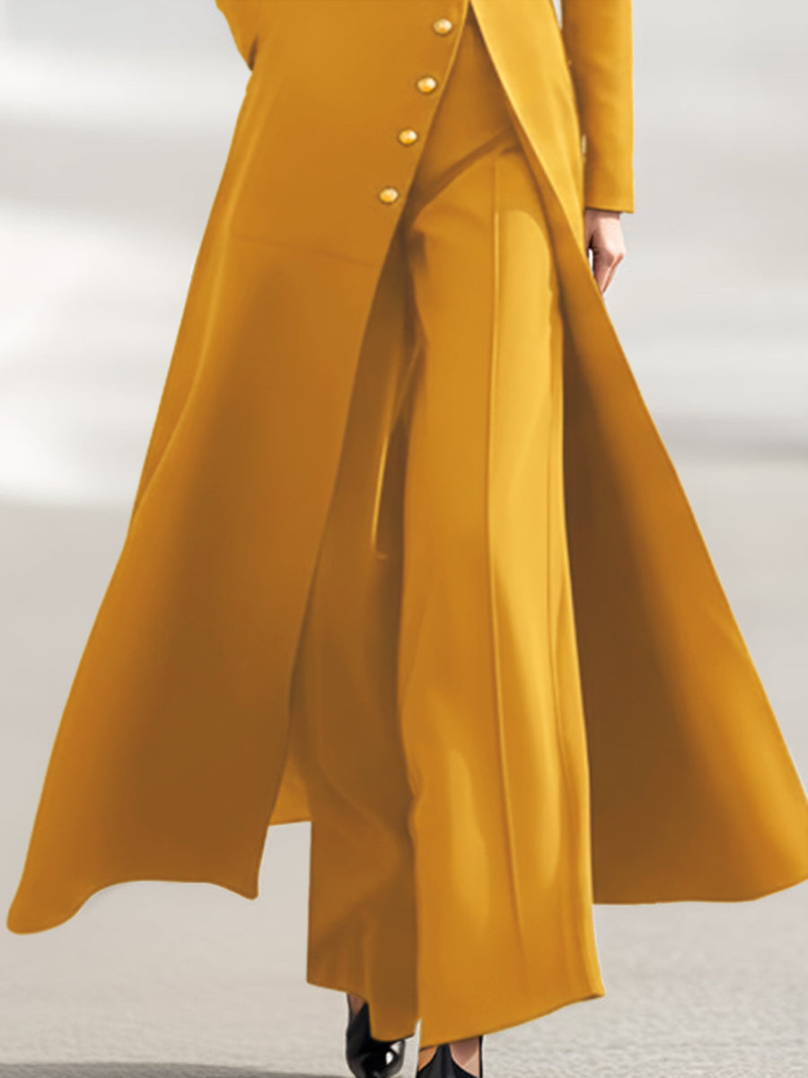 Olivia Bennet | High Waisted Long Sleeves Buttoned Solid Color Split-Front Round-Neck Midi Dresses