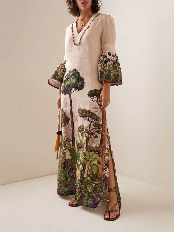 Olivia Bennet | Flared Sleeves Loose Leaves Print V-Neck Maxi Dresses