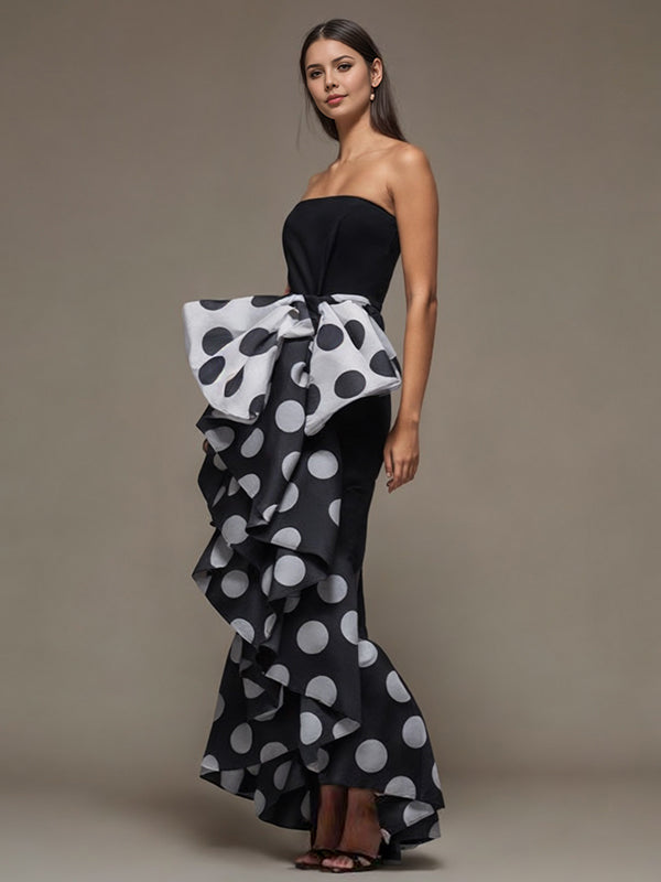 Olivia Bennet | Skinny Sleeveless Bow-Embellished Pleated Polka-Dot Split-Joint Tube Maxi Dresses