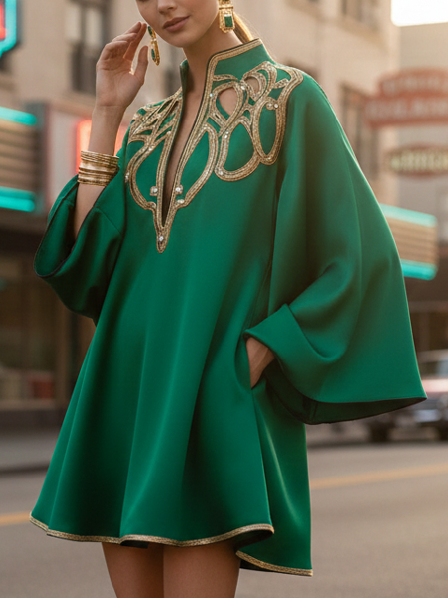 Olivia Bennet | A-Line Long Sleeves Contrast Color Printed Split-Joint Stand Collar Mini Dresses