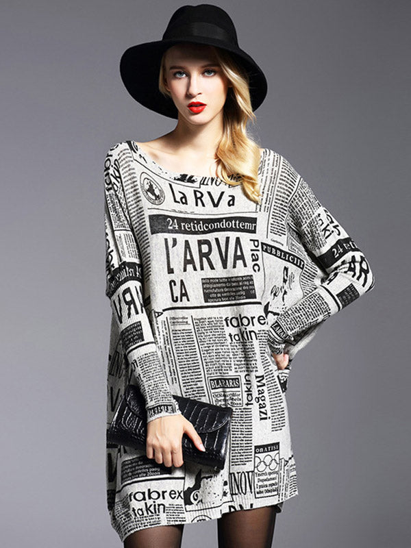 Olivia Bennet | Vintage Loose One-Shoulder Newspaper Printed Split-Joint Sweater