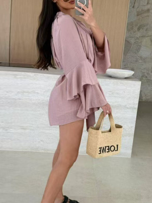 Olivia Bennet | Flared Sleeves Loose Lace-Up Pleated Solid Color Split-Joint Tiered Round-Neck Mini Dresses