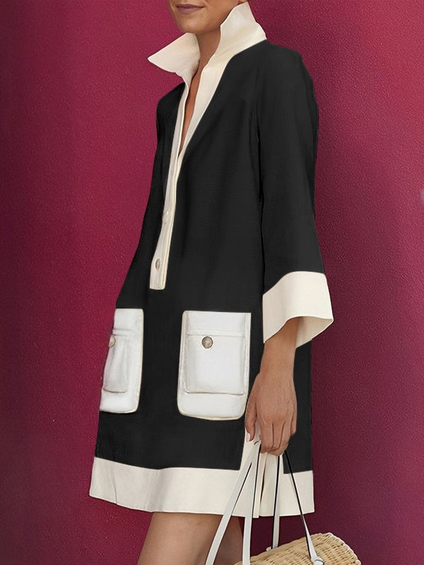 Olivia Bennet | A-Line Loose Buttoned Contrast Color Pockets Stand Collar Mini Dresses