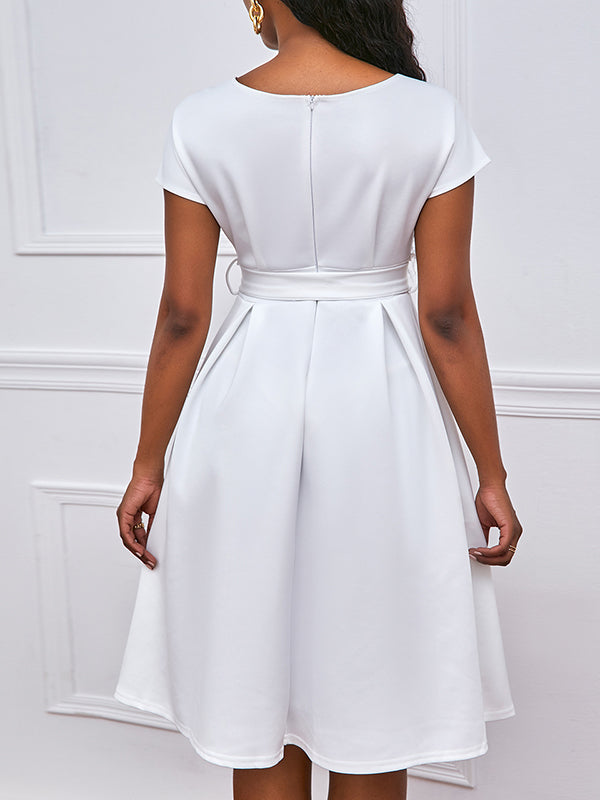 Olivia Bennet | Bowknot Lace-Up Solid Color V-Neck Midi Dresses