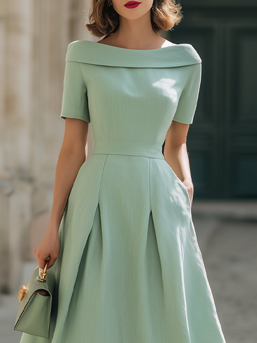 Olivia Bennet | Mint Green Off-Shoulder Short Sleeve Fit-and-Flare Midi Dress With Pockets