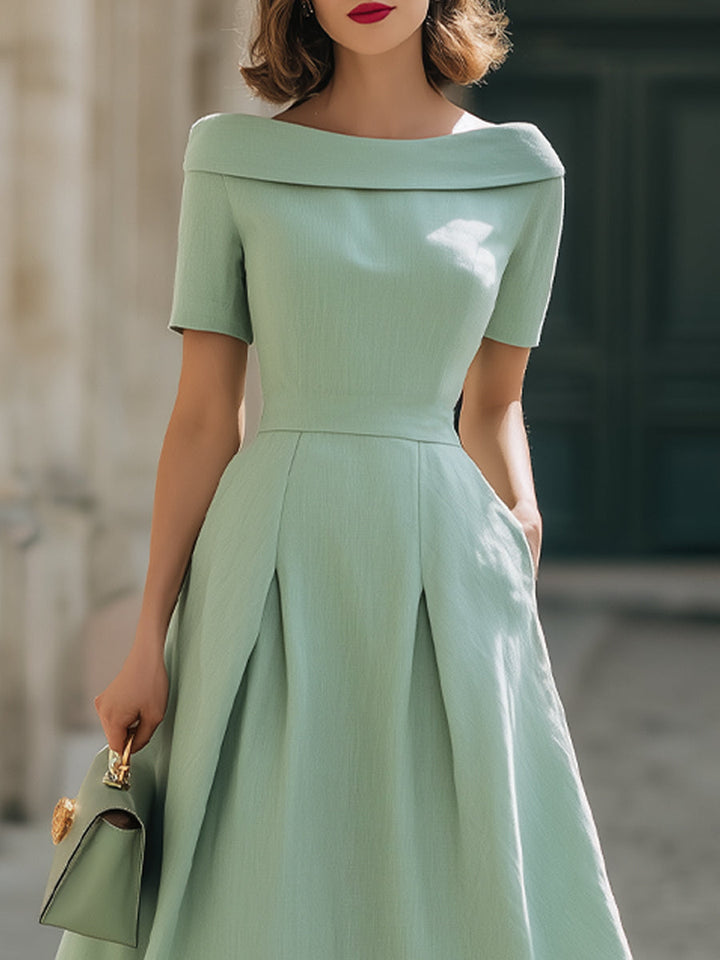Olivia Bennet | Mint Green Off-Shoulder Short Sleeve Fit-and-Flare Midi Dress With Pockets