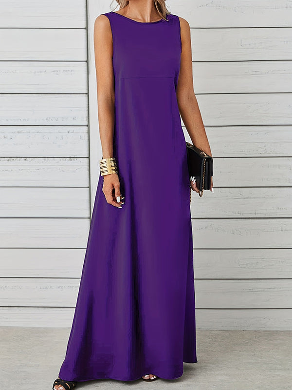 Olivia Bennet | A-Line Loose Solid Color Round-Neck Maxi Dresses