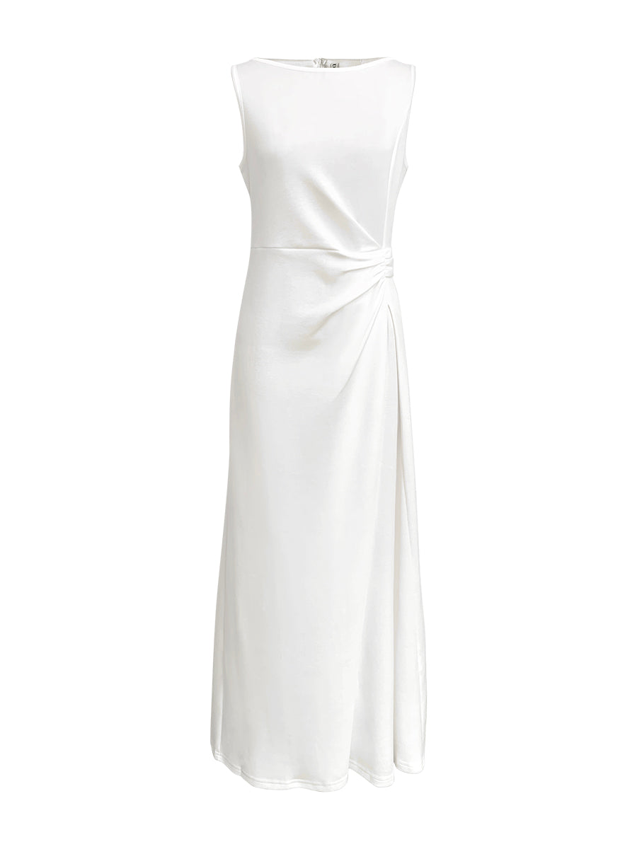 Olivia Bennet | Sleeveless Gauze Pleated Solid Color Split-Joint Round-Neck Evening Dresses Maxi Dresses