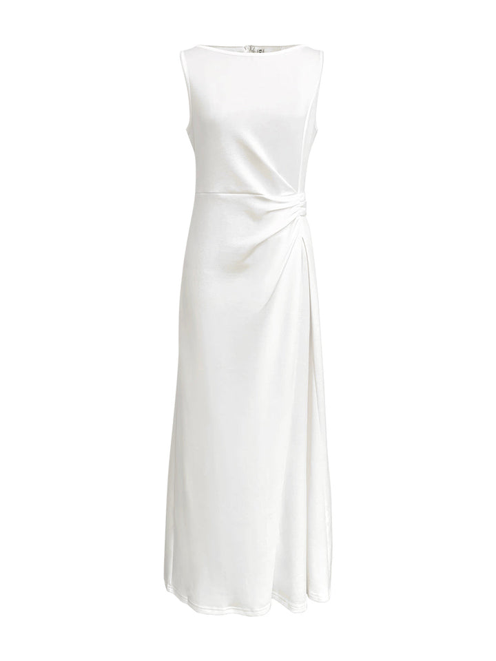 Olivia Bennet | Sleeveless Gauze Pleated Solid Color Split-Joint Round-Neck Evening Dresses Maxi Dresses