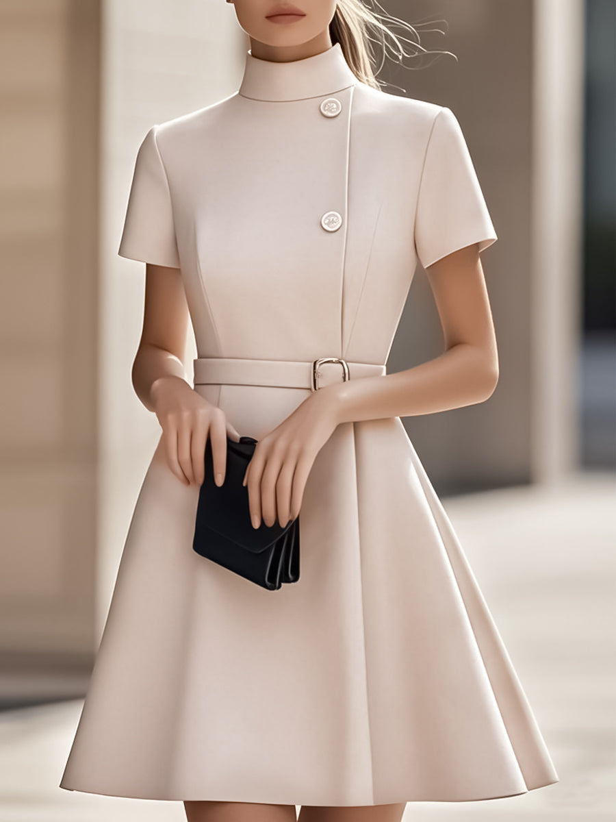 Olivia Bennet | Elegant Black High-Neck Dress with Belted Waist