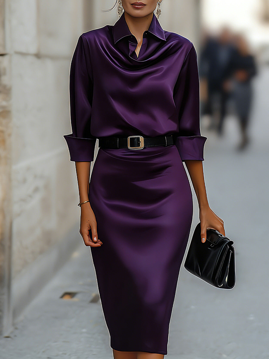 Olivia Bennet | Elegant Satin Draped-Collar Midi Dress With Black Belt