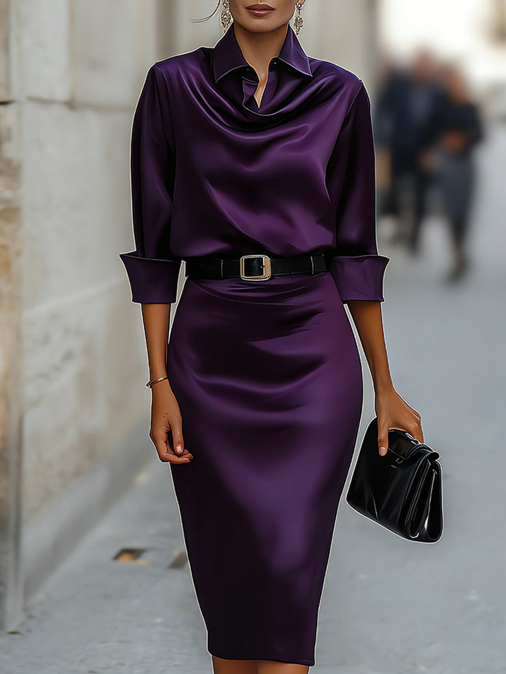 Olivia Bennet | Elegant Satin Draped-Collar Midi Dress With Black Belt