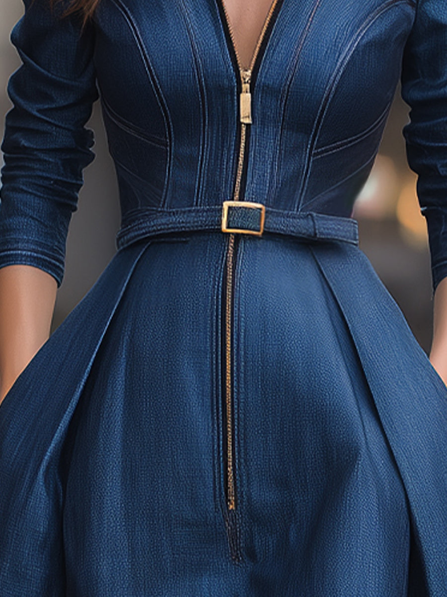 Olivia Bennet | Zippered Belted Denim Midi Dress