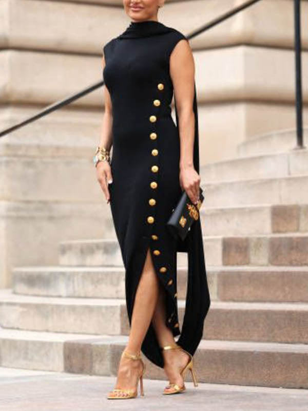 Olivia Bennet | Loose Sleeveless Solid Color Split-side Shawl Collar Maxi Dresses