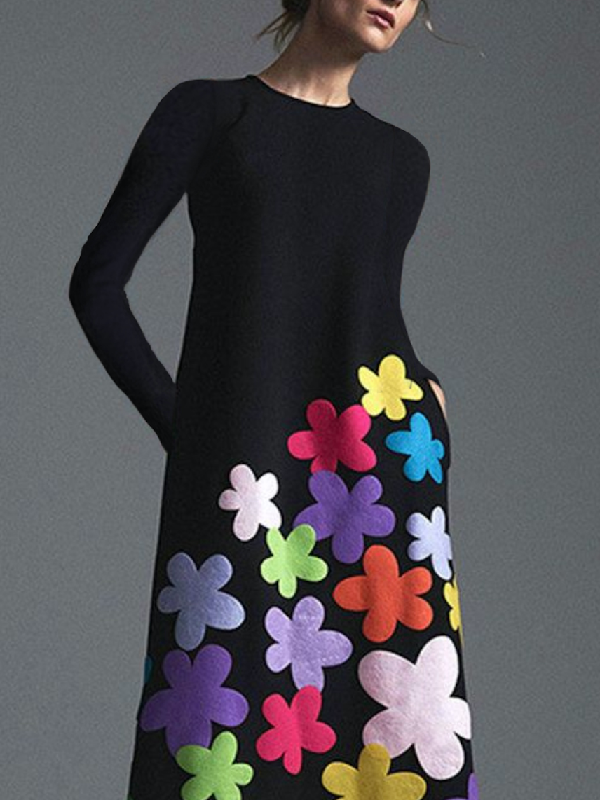 Olivia Bennet | Long Sleeves Asymmetric Floral Round-Neck Maxi Dresses