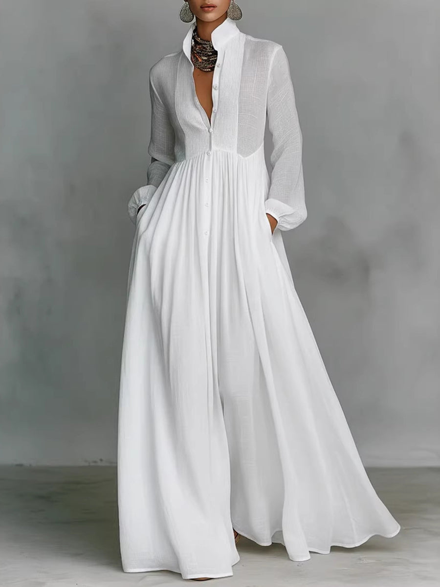 Olivia Bennet | A-Line High Waisted Buttoned Pleated Pockets Solid Color Split-Joint Stand Collar Maxi Dresses Shirt Dress