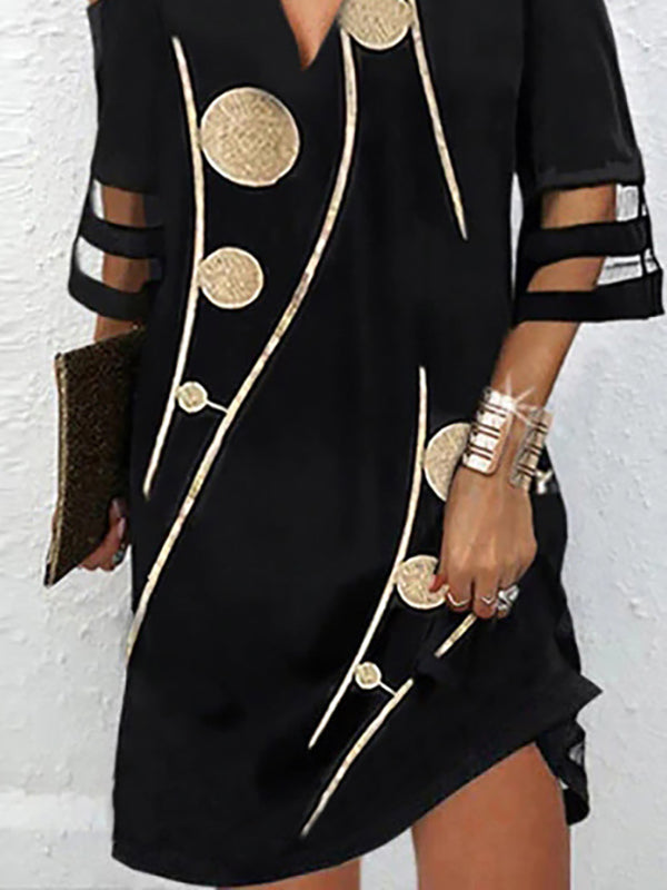 Olivia Bennet | Half Sleeves Loose Hollow Mesh Polka-Dot Printed Split-Joint Cold Shoulder Mini Dresses