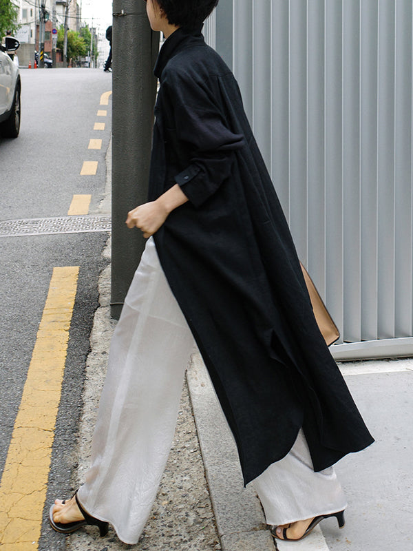 Olivia Bennet | Simple Long Sleeves Split-Side Solid Color Lapel Midi Dresses Shirt Dress